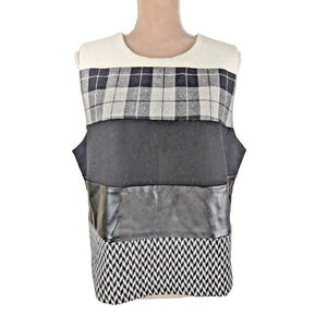 Tyler Boe Cerse Mixed Media Top Tank Black White Plaid Faux Leather Large NWT